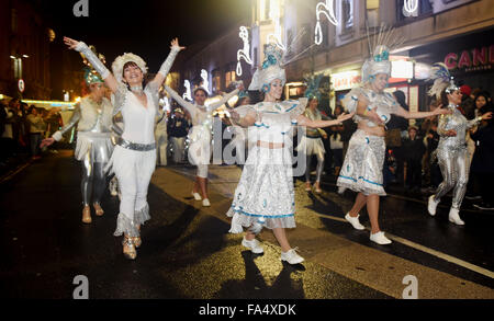 Brighton, Sussex, UK. 21st December, 2015. Thousands of people including local schools take part in the Burning the Clocks winter solstice parade in Brighton tonight . Burning the Clocks is a winter solstice festival that takes place each year in Brighton organised by the Same Sky arts group and was started in 1993  Credit:  Simon Dack/Alamy Live News Stock Photo