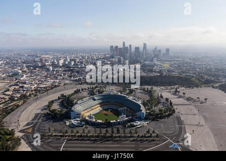 Los Angeles, California, USA - April 12, 2017:  Aerial view of the historic Dodger Stadium with downtown in background. Stock Photo