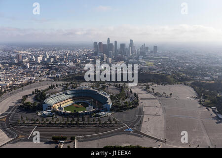 Los Angeles, California, USA - April 12, 2017:  Aerial view of the Dodger Stadium with downtown LA in background. Stock Photo