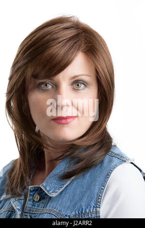 Portrait of beautiful middle age woman patient with cancer with wig or periwig isolated on white background, hope in healing. Stock Photo