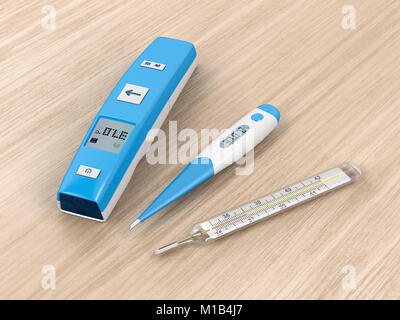 Different types of medical thermometers on wood background Stock Photo