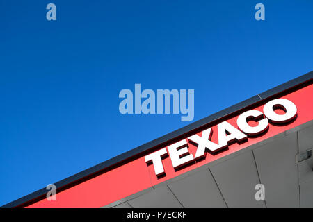 Texaco lettering at gas station. Texaco is an American oil subsidiary of Chevron Corporation. Stock Photo