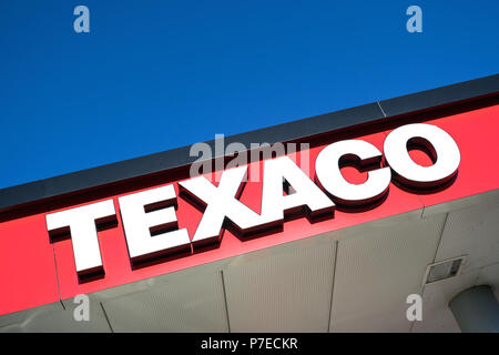 Texaco lettering at gas station. Texaco is an American oil subsidiary of Chevron Corporation. Stock Photo