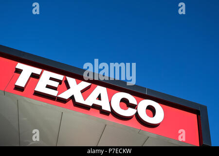 Texaco lettering at gas station. Texaco is an American oil subsidiary of Chevron Corporation. Stock Photo