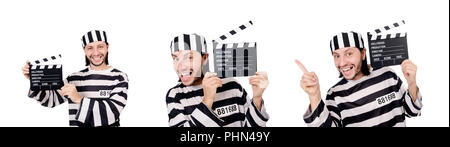 Funny prison inmate with movie board isolated on white Stock Photo