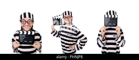 Funny prison inmate with movie board isolated on white Stock Photo