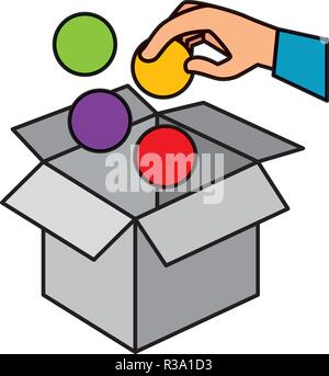 hand insert ball in box carton Stock Vector