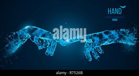 Abstract two hands touching moments from particles, lines and triangles on blue background. Technology. Elements on a separate layers color can be changed to any other in one click vector illustration Stock Vector