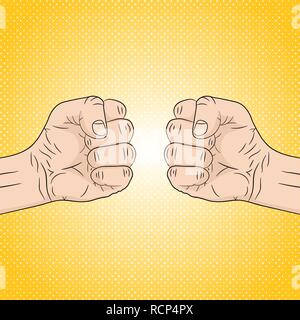 Two clenched fists in conflict. Vector illustration. Concept of aggression and violence, on pop art background Stock Vector