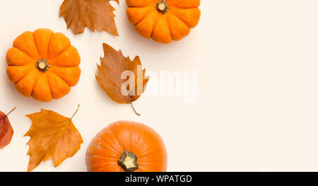 An autumn composition top view made with pumpkins and dry autumn leaves. Room for content and text. Stock Photo