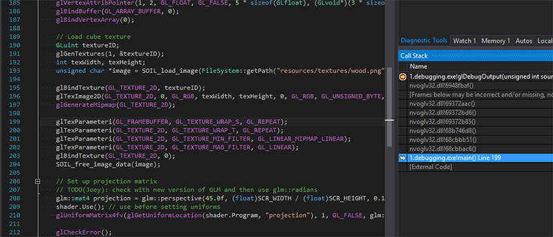 Setting a breaking and using the callstack in OpenGL to catch the line of an error with debug output.