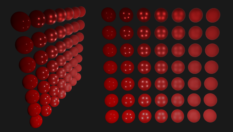 Render of PBR spheres with varying roughness and metallic values in OpenGL.