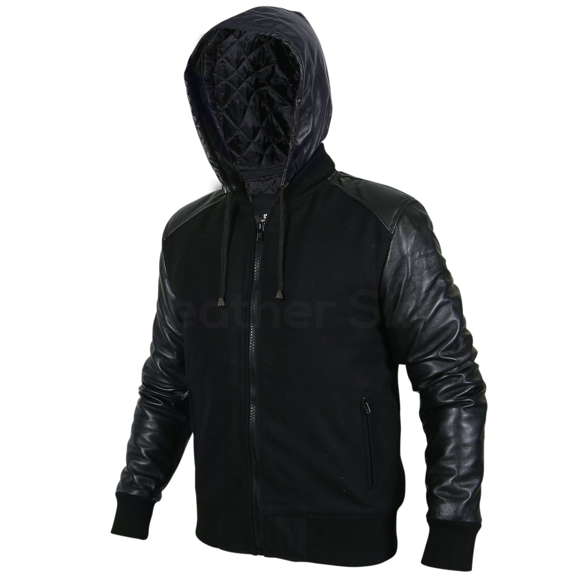 mens hooded leather jacket black