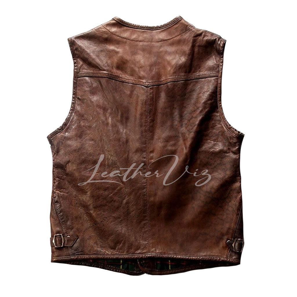 BROWN BIKER LEATHER VEST FOR MEN - Image #3