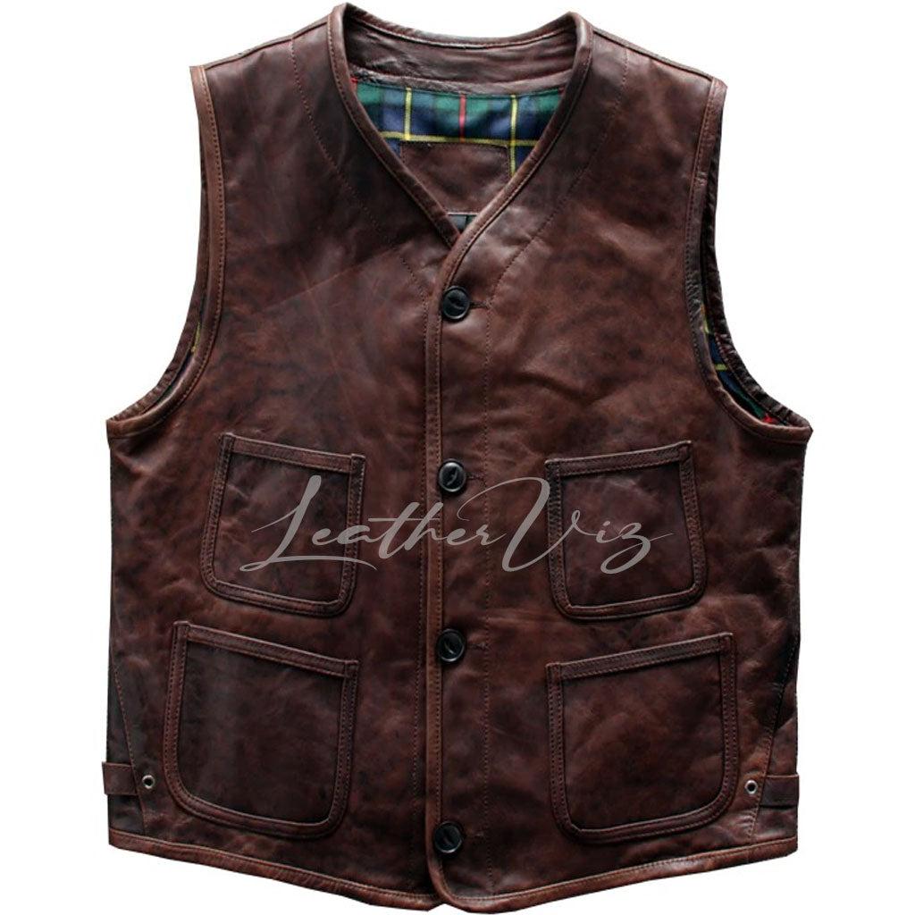 BROWN BIKER LEATHER VEST FOR MEN - Image #2