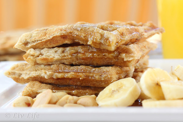 Peanut Butter Waffles, banana, waffles, peanuts