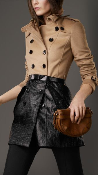 Burberry Short Wool Cashmere Patent Detail Trench Coat in ...