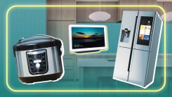 A collage of product images featuring a smart fridge, rice cooker, and others