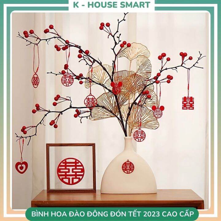 Bình hoa giả đào đông cao cấp trang trí decor phòng khách Tết 2024 ...