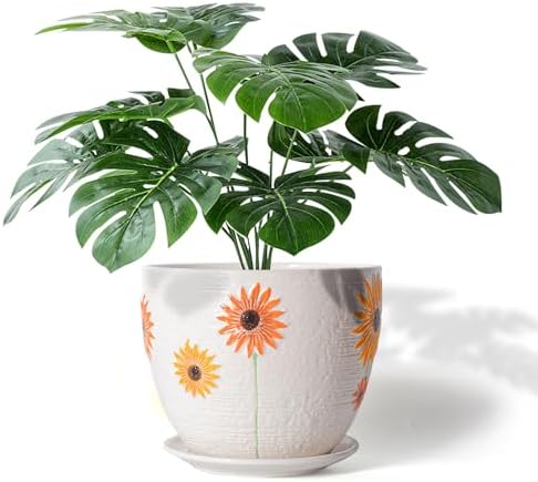 Ton Sin 8 Inch Plant Pot, Sunflower Ceramic Planter with Drainage Holes and Saucers for Plants Indoor and Outdoor Flower Pot