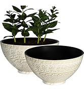 QCQHDU Large Bowl Planters for Outdoor Plants - 13" Dia x 7" H - 2 Pack Stone Finish Aquatic Plan...