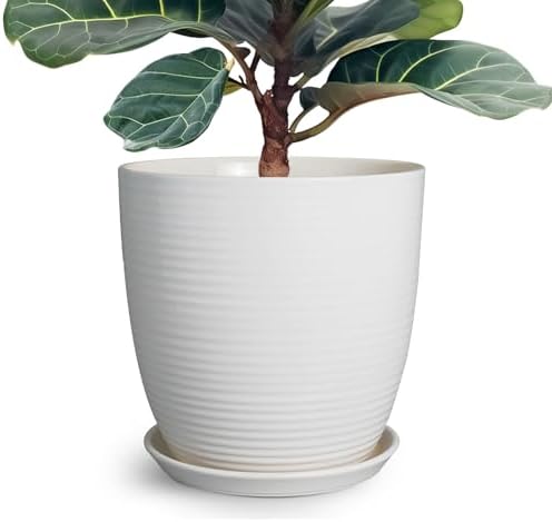 EPFamily 12 Inch Ceramic Planter Pot, Large Planter Pot with Drainage Hole and Saucer Round Flower Pot for Indoor Outdoor Plants, White