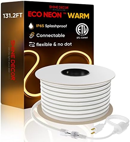 Shine Decor LED Neon Rope Lights Connectable, 131.2FT Flexible AC 110V 120V Neon LED Strip Lights(Warm White) Outdoor Waterproof, 40M ETL Plug&Play Neon String Lighting 120LEDs/M for Home Commercial