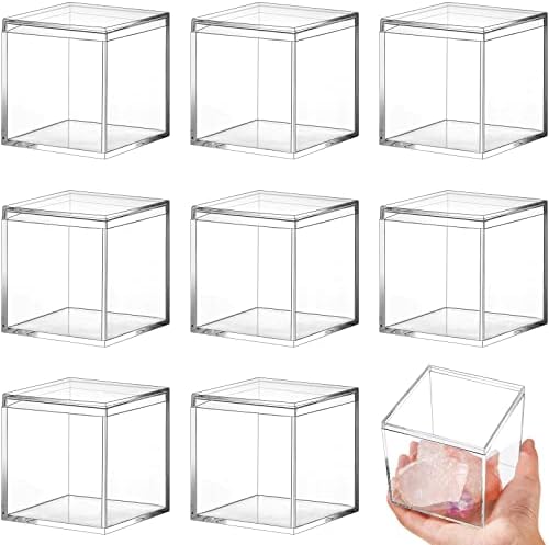 8 Pieces Clear Acrylic Plastic Jewelry Box Mini Storage Box Mini Cube Containers with Lids Storage Candy Box for Candy Pill and Tiny Jewelry (Square, 3.3 x 3.3 x 3.3 Inch)