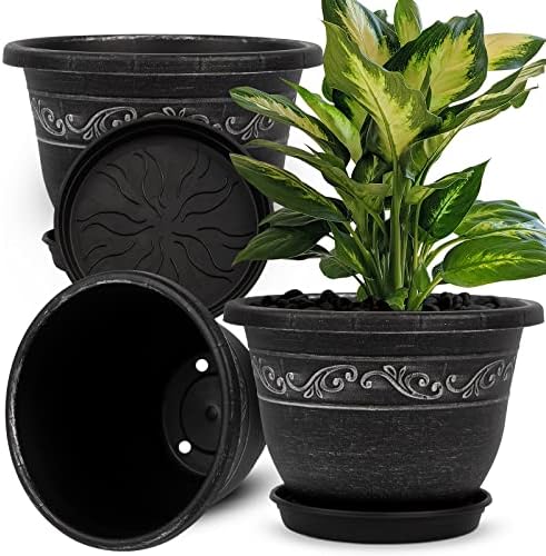 QCQHDU 12 inch Retro Plant Pots, 3 Pack Plastic Planters for Indoor & Outdoor Plants Flower Pot with Drainage Hole and Saucer