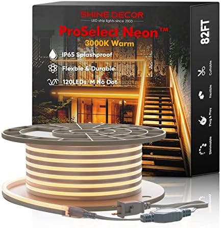 Shine Decor LED Neon Rope Lights 82FT, Neon LED Strip Light 3000K Warm White 120LEDs/M Flexible, ETL-Listed 110V-120V AC Rope Lights Waterproof, Custom Cuttable Neon Lighting for in&Outdoor