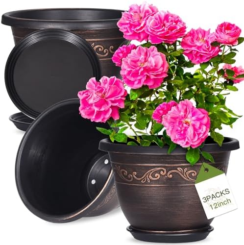 Plastic-Plant-Flower-Planters-12 Inch with Drainage Hole & Saucer, 3 Packs Lightweight Small Resin Flower Pot Indoor Outdoor, Retro Antique Imitation Decorative Garden Containers Sets for Houseplants