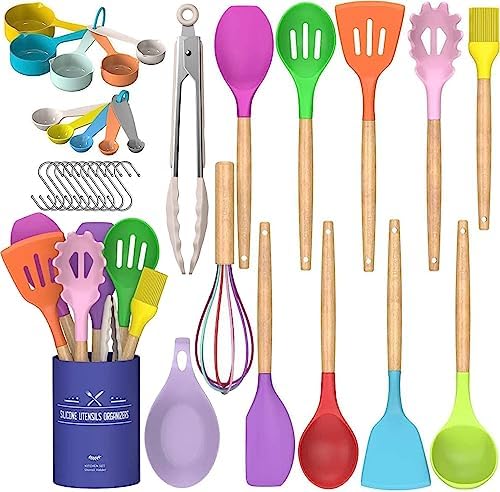 Umite Chef Kitchen Cooking Utensils Set, 24 pcs Non-Stick Silicone Cooking Kitchen Utensils Spatula Set with Holder, Wooden Handle Silicone Kitchen Gadgets Utensil Set (Colorful)