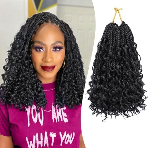 8 Packs Goddess Box Braids Crochet Hair 10 Inch Pre-looped Bohemian Crochet Boho Box Braids With Curly Ends 3X Crochet Braids Hair for Women Synthetic Braiding Hair (10 inch, #1B)