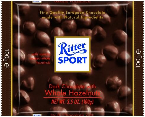 Ritter Sport, Dark Chocolate with Whole Hazelnuts (Pillow Pack), 3.5-Ounce Bars (Pack of 8)