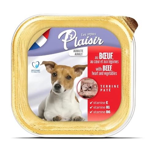 Plaisir Dogs Paté Rich in Beef Wet Dog Food with Heat and Vegetables in a Alu Tray 150g Packed, Healthy Dog Pet Food, Healthy