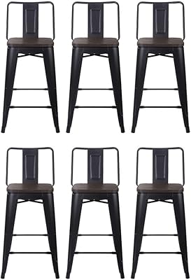 GIA Charcoal Black 24" High Back Metal Stool with Dark Wooden Seat Set of 6 (2 Boxes), Weight Capacity of 300+ Pounds, Ready to Use, Extra Durable, 12"x12" Seat