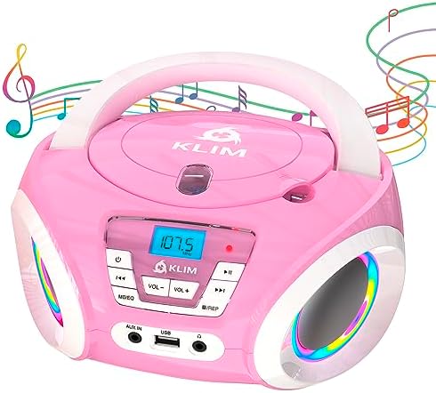 KLIM Candy Kids Portable CD Player for Kids - New Version 2024 - FM Radio - Batteries Included - CD Boombox for Kids - Cute Pink Radio cd Player with Speakers for Kids and Toddlers - Pink