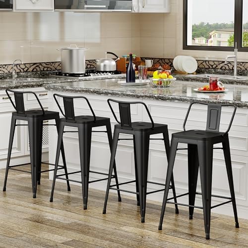 Tongli Metal Bar Stools Set of 4 Barstools Counter Height Bar Stools with Back Industrial Bar Stool Indoor Counter Stool Kitchen Island Stools Modern Bar Chair 26inch Matte Black