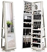 CHARMAID 360° Rotating Jewelry Armoire with Higher Full Length Mirror, Standing Lockable Jewelry ...