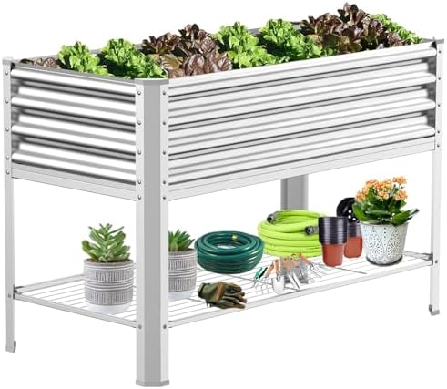 COATTOA Raised Garden Bed with Legs, Galvanized Raised Planter Box with Storage Shelf and Drainage Holes, 48×24×32 Inch Large Metal Garden Bed Kit for Balcony, Backyard, Patio Lasts for Years of