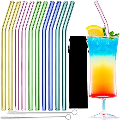 Glass Straws – 10pcs Pink Bent Glass Straw Set, 8'' Reusable Straws With Cleaning Brush For Tumblers, Tervis, Mason Jars (Mix)