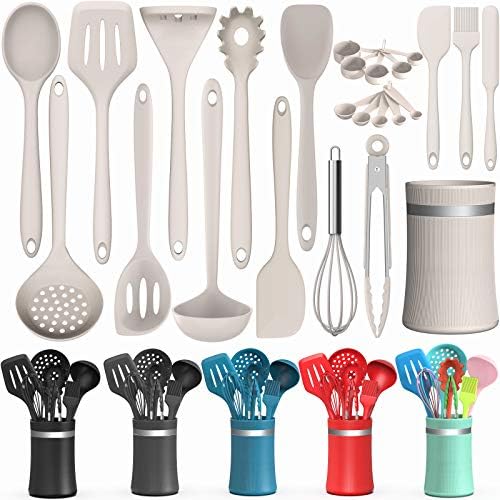 Silicone Cooking Utensil Kitchen Utensil Set, 24 Pcs Non-Stick Cooking Utensils Spatula Set with Holder by AIKKIL, Heat Resistant Kitchen Gadgets Tools Set for Cookware(Khaki)