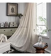 vctops Farmhouse Cotton Crochet Lace Window Curtain Panel with Tassels Rod Pocket Semi Sheer Holl...