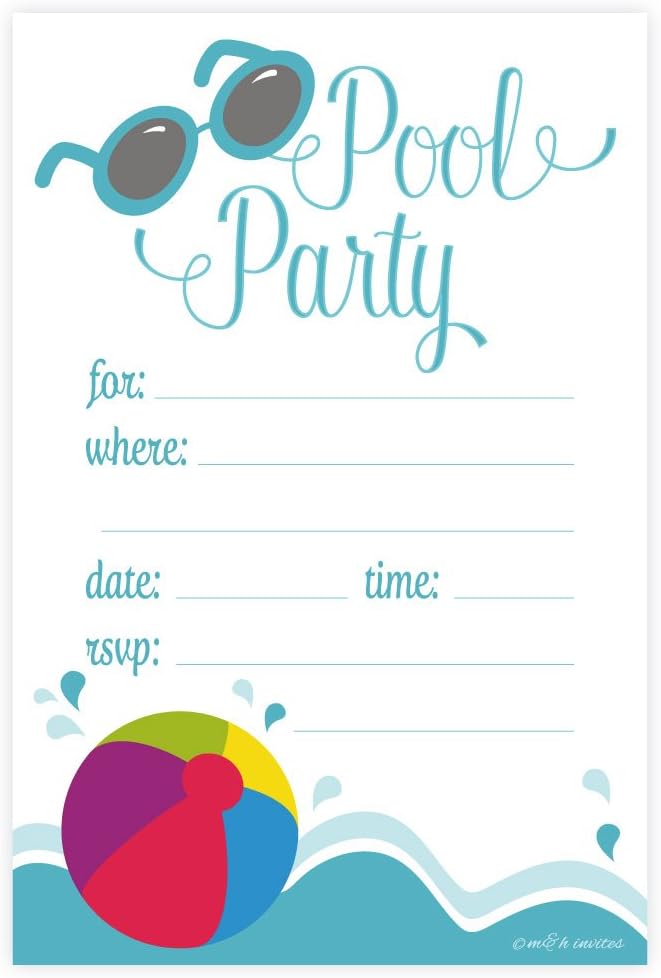 Amazon.com: Pool Party Summertime Invitations - Fill In Style (20 Count ...