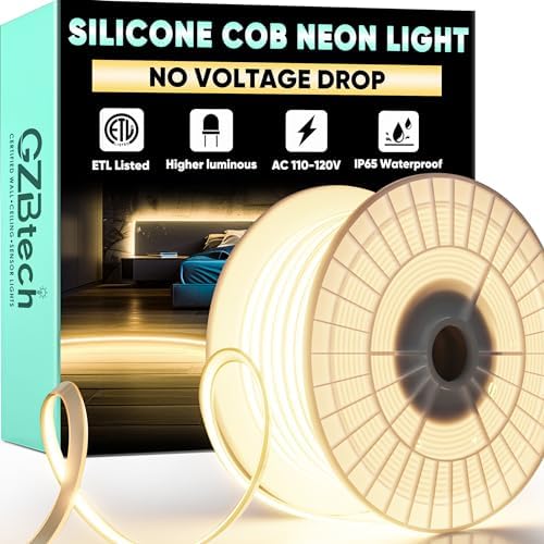 GZBtech Silicone COB Neon Rope Lights 132FT/40M, 2800K Super Bright Warm White Waterproof Neon Strip Light, AC 110-120V Flexible Soft Cuttable Tape Rope Lighting for Indoor Outdoor Home Commercial