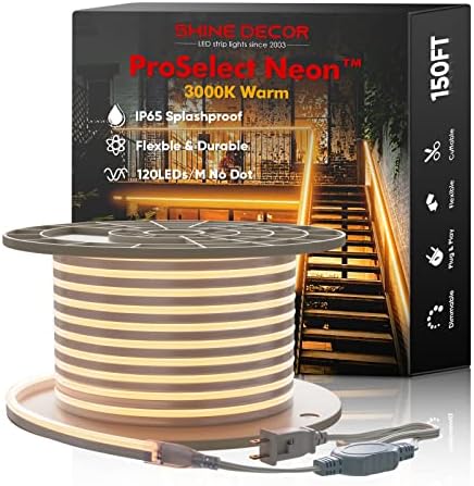 Shine Decor LED Neon Rope Lights 150FT, Neon LED Strip Light 3000K Warm White 120LEDs/M Flexible, ETL-Listed 110V-120V AC Rope Lights Waterproof, Custom Cuttable Neon Lighting for in&Outdoor