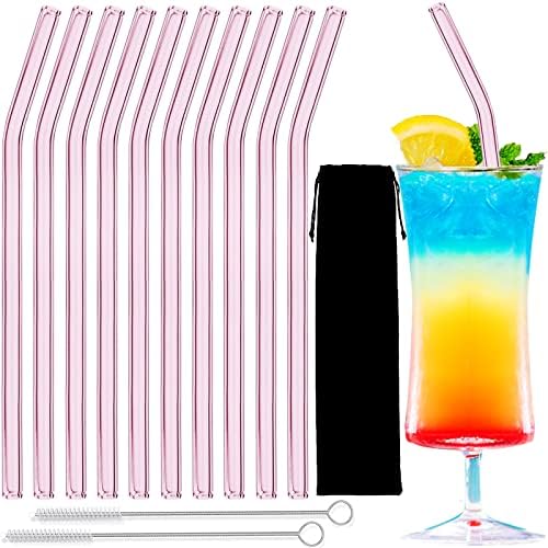 Glass Straws – 10pcs Pink Bent Glass Straw Set, 8'' Reusable Straws With Cleaning Brush For Tumblers, Tervis, Mason Jars (Pink)