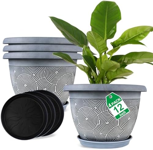 12 Inch Large Planter Pot for Plants Indoor Outdoor, 4 Pack Plastic Flower Pots with Drainage Hole & Tray, Modern Decorative Garden Pot with Saucer, Plant Container for House