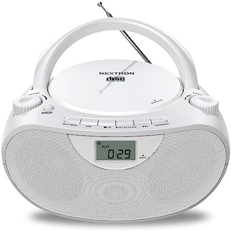 Nextron Portable Stereo CD Player Boombox with AM/FM Radio, Bluetooth, USB, AUX-in, Headphone Jack, CD-R/RW and MP3 CDs Compatible, Clear and Full Sound with Bass Boost, AC/Battery Operated – White