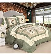 vctops 3 Piece Embroidered Floral Quilted Bedspread Quilt Set 100% Cotton Reversible Patchwork Co...